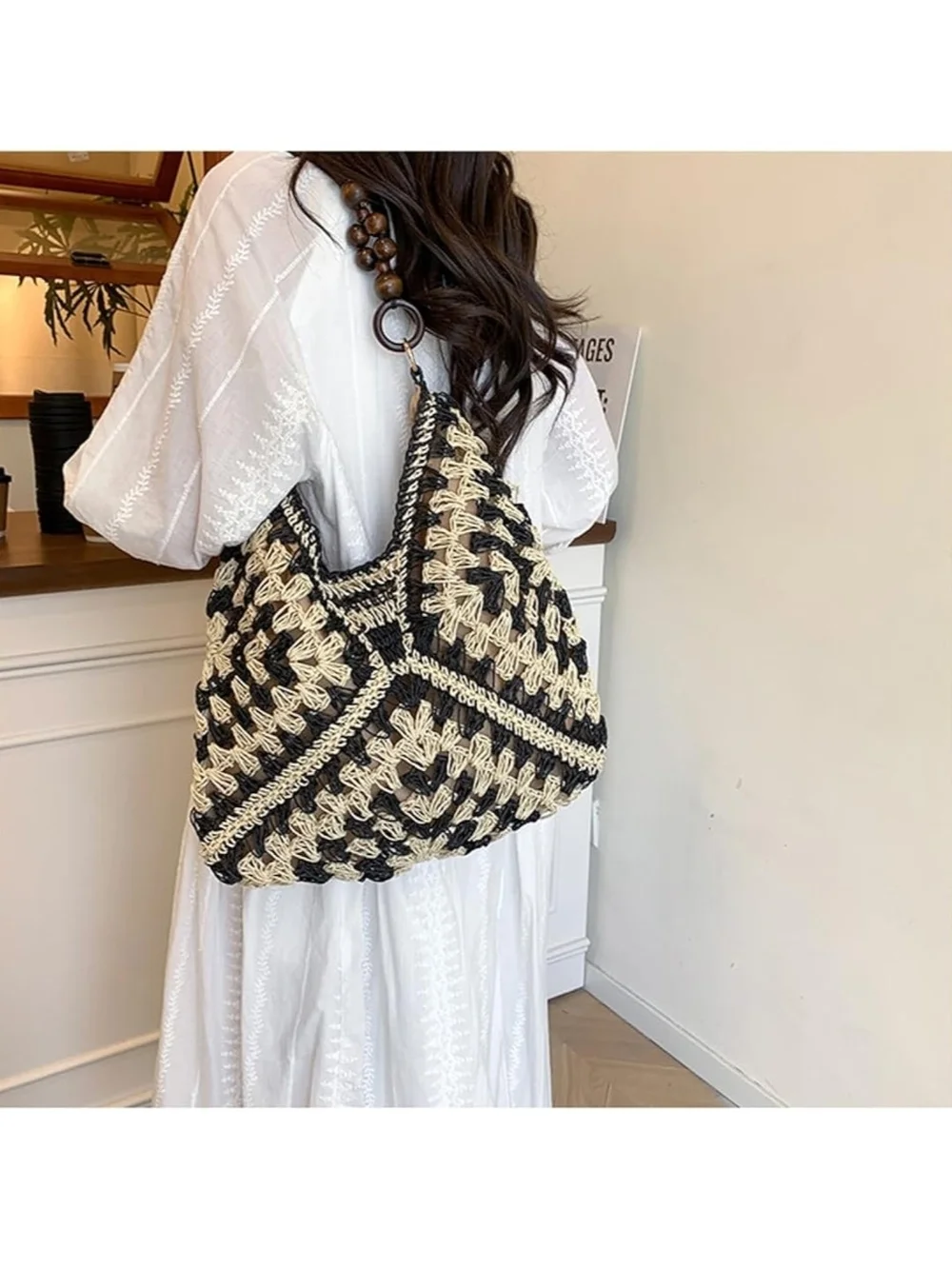 Woven Crochet Hobo Bag with Wooden Bead Handle - Black & Natural